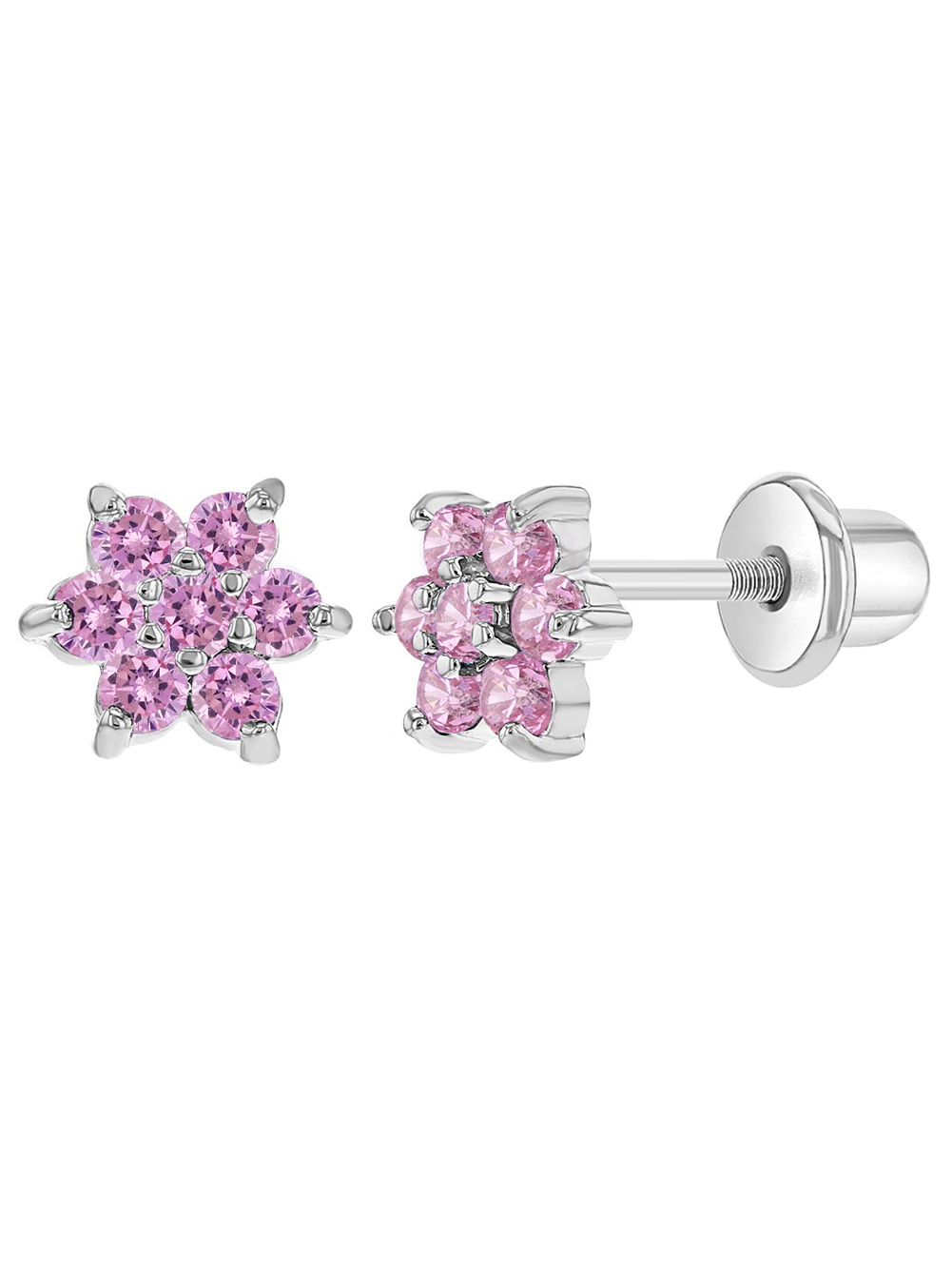 Rhodium Plated Pink Cubic Zirconia Flower Screw Back Earrings for Girls 5mm